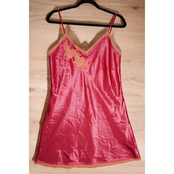 Valerie Stevens Satin Slip Dress Size M Red Lace Trim Vintage Y2K Lingerie - Picture 2 of 16